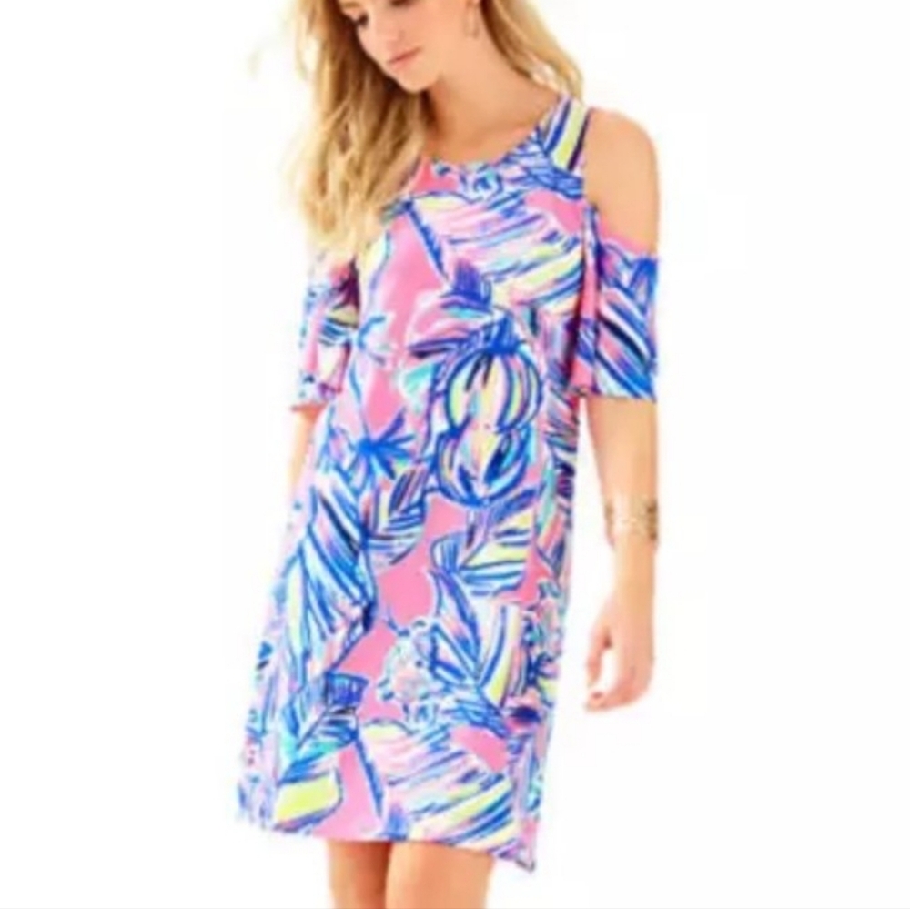 Womens Lilly Pulitzer Vibrant Pink and Gray  Cold Shoulder Dress